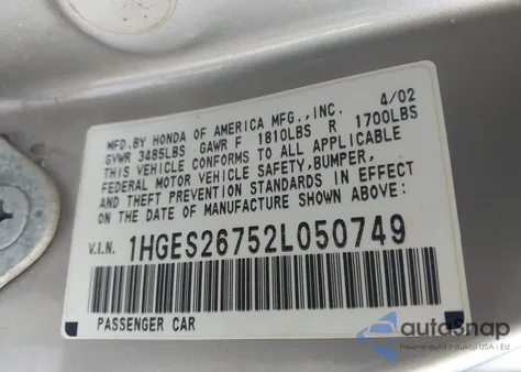 2002 Honda Civic Ex из США, поврежденный, VIN 1HGES26752L050749